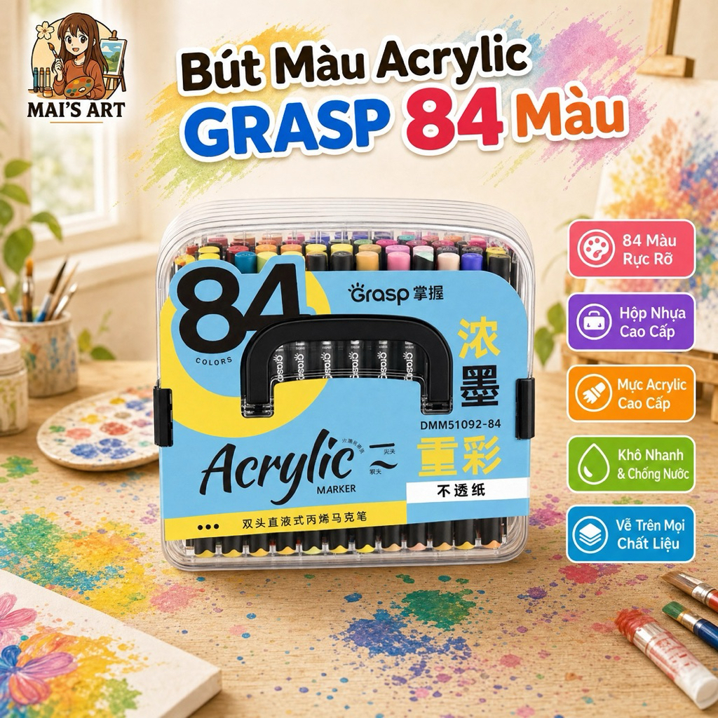 Bộ 84 Màu Grasp Marker Acrylic 2 Đầu Lượng Mực 3,4ml Lõi Kép Vẽ Mọi Chất Liệu - MAI'S ART
