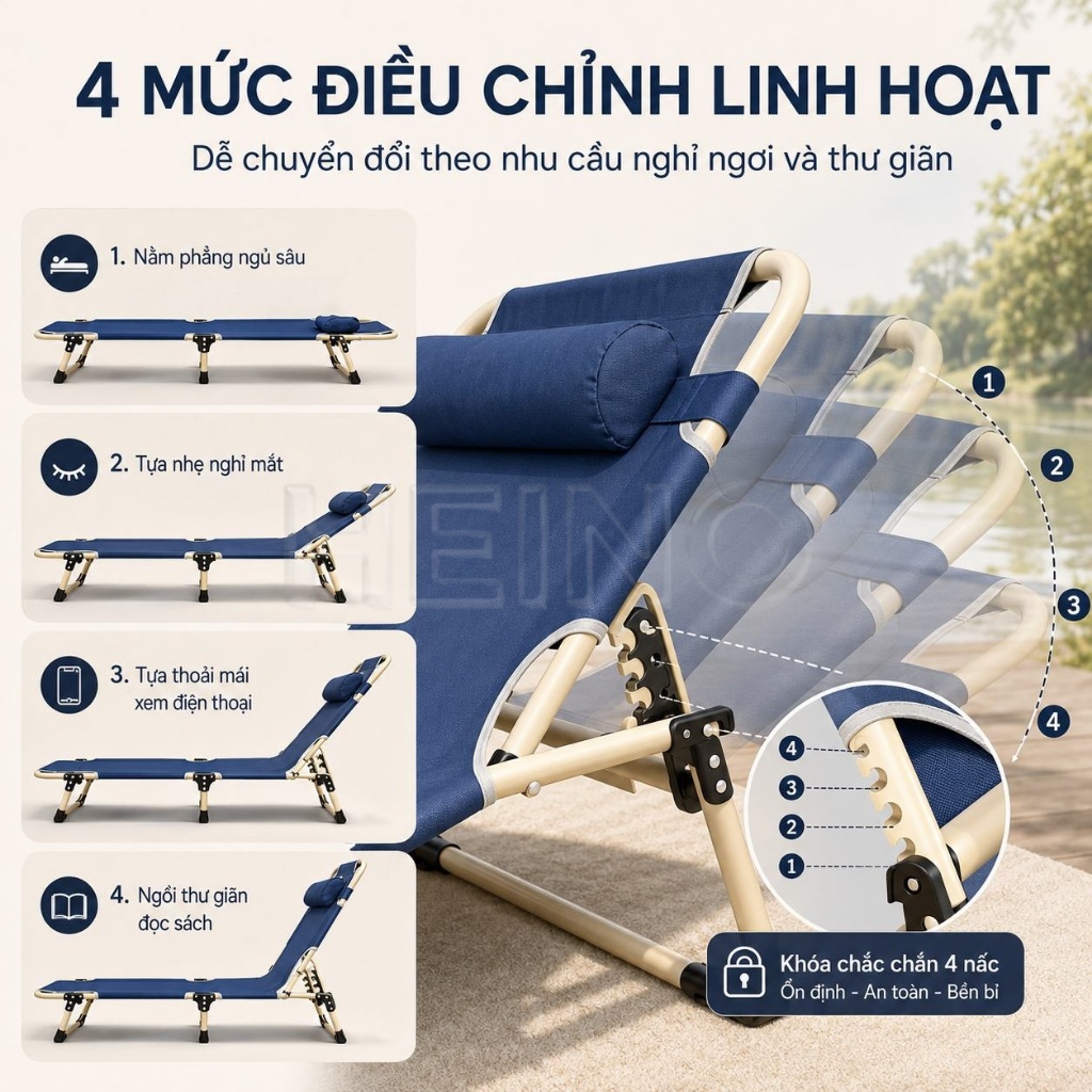 HEINO Ghế Nằm Gấp Gọn Thư Giãn Có Gối Điều Chỉnh 4 Mức Dễ Cất Gọn Cho Văn Phòng Ban Công | BigBuy360 - bigbuy360.vn