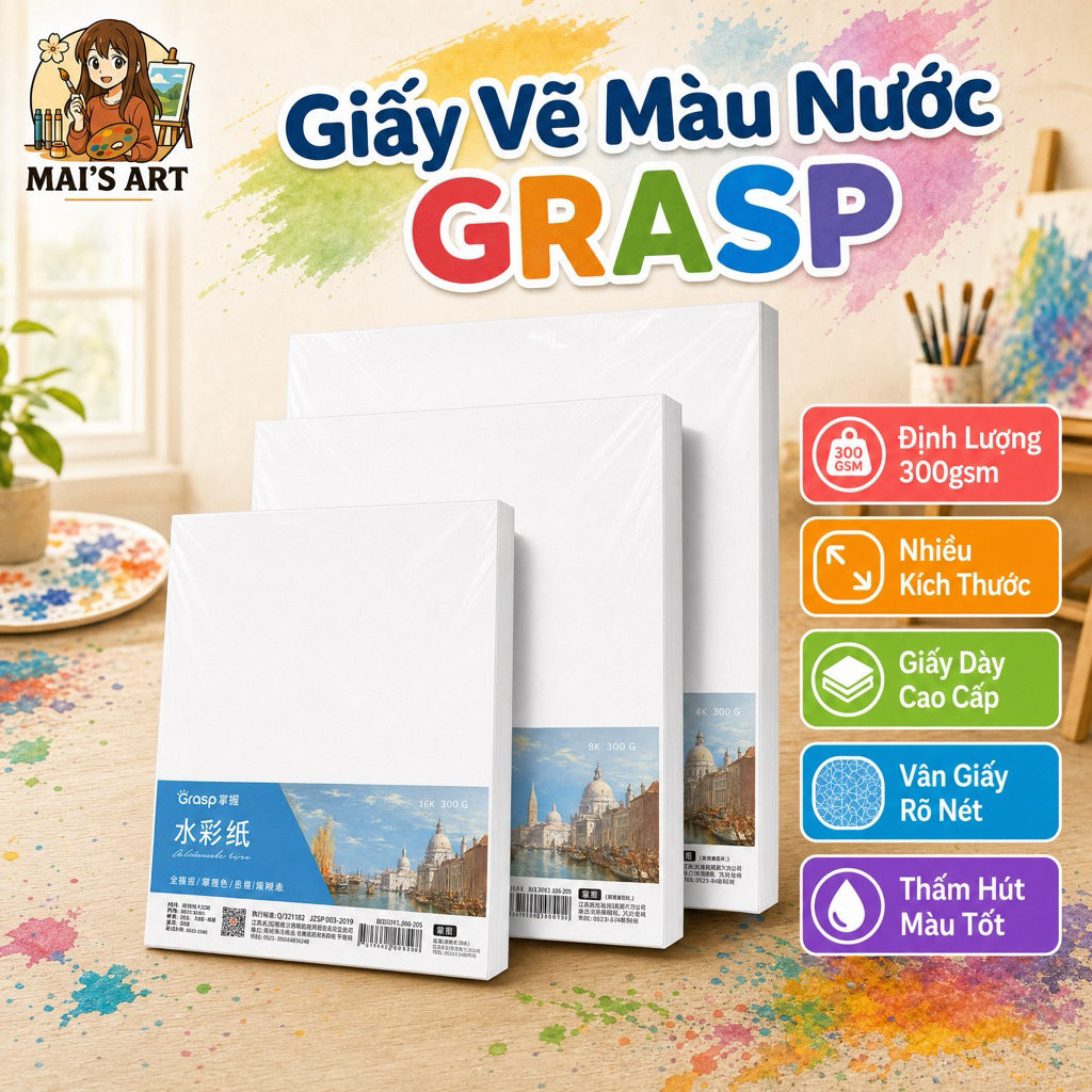 Giấy Vẽ Grasp Hạng Hoạ Sĩ Dày 300gsm Vân Cold –  Giấy Vẽ Màu Nước, Gouache, Acrylic, Marker, Màu Chì