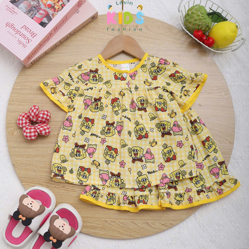 Bộ tole lanh bèo phối viền áo viền quần cho bé gái cho size 7-18kg- Lavin Kids