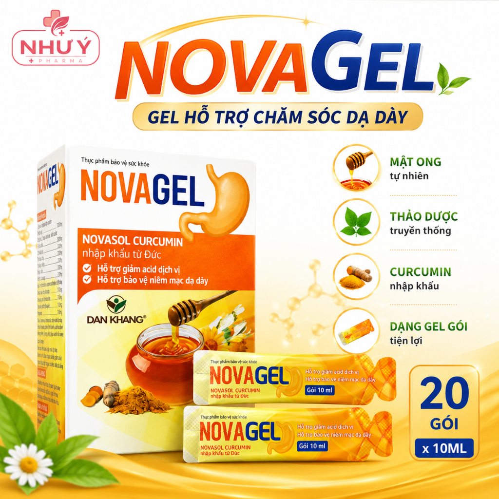 Gel Dạ Dày Novagel Dân Khang – Hỗ Trợ Bảo Vệ Niêm Mạc Dạ Dày, Hạn Chế Trào Ngược | Hộp 20 Gói