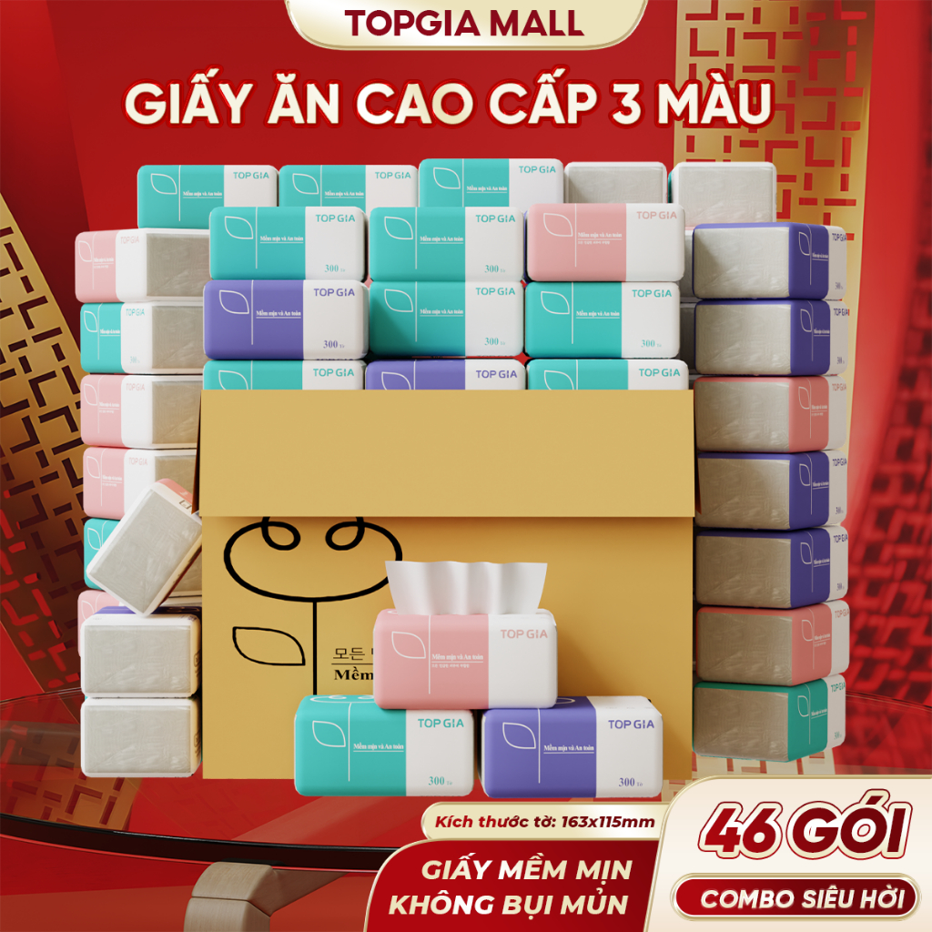 [GIẤY LỤA] Combo 30 / 46 Gói - Giấy Ăn Cao Cấp Top Gia 300 Tờ 4 Lớp Khăn Giấy 3 Màu Dày Dai Mềm Mại