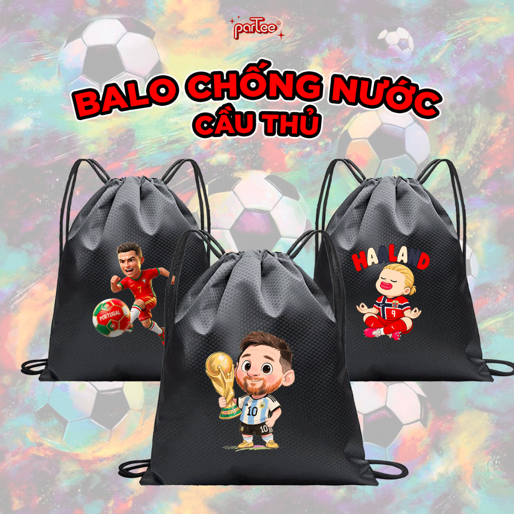 Túi Balo Dây Rút Thể Thao Chống Nước Đựng Banh Bóng Giày Đá Bóng In Cầu Thủ GOAT Messi CR7 Mbappe
