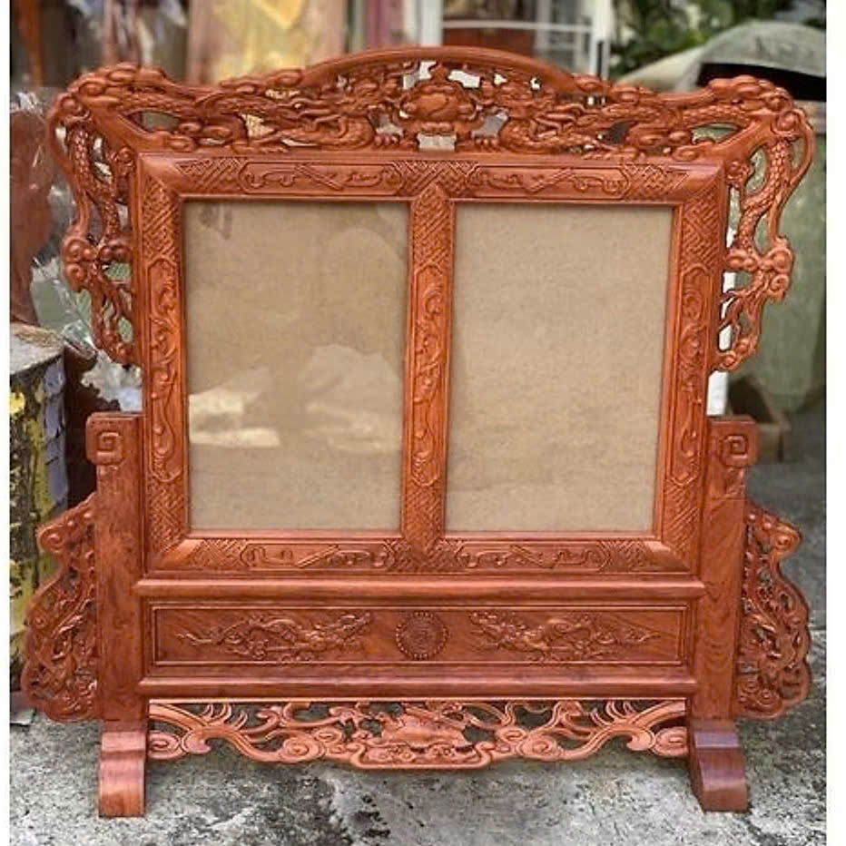 KHUNG HÌNH THỜ ĐÔI,KHUNG ẢNH THỜ ĐUC GẤM CHẠM HOA MAI KT 20X30 - 30*40