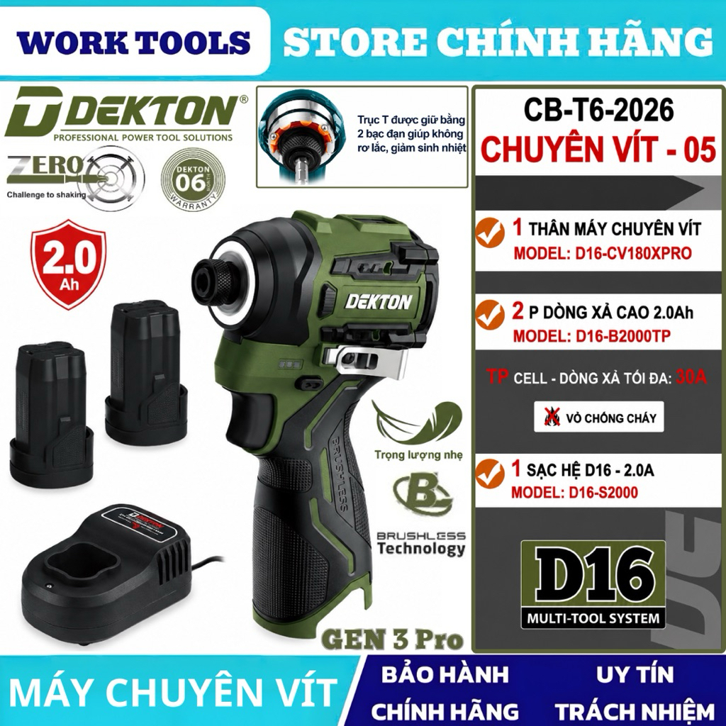 Máy vặn vít dùng pin 16.8V DEKTON lực siết 180N.m D16-CV180XPRO