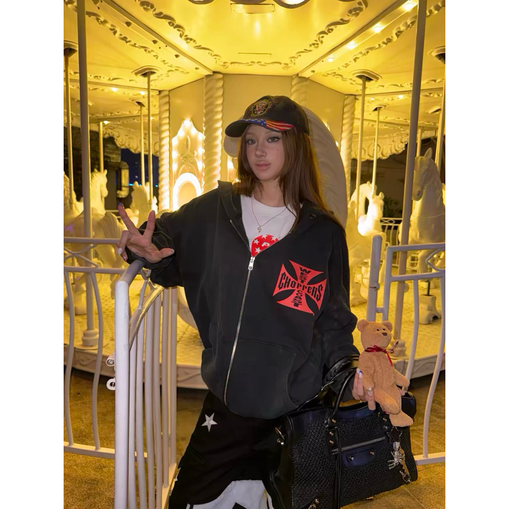 [ENTR] Washed zip-up cross graphic hoodie.