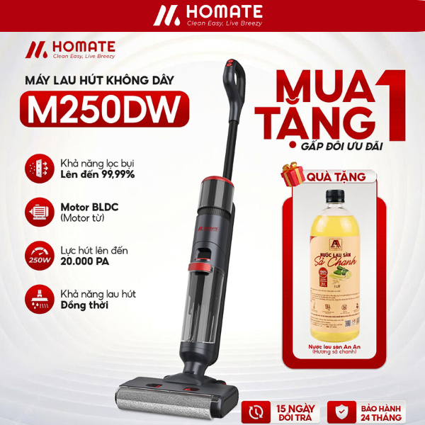 Máy Hút Bụi - Lau Nhà Gia Đình Không Dây HOMATE M250DW - Kèm NLS Sả Chanh, Motor BLDC 250W - 20.000P