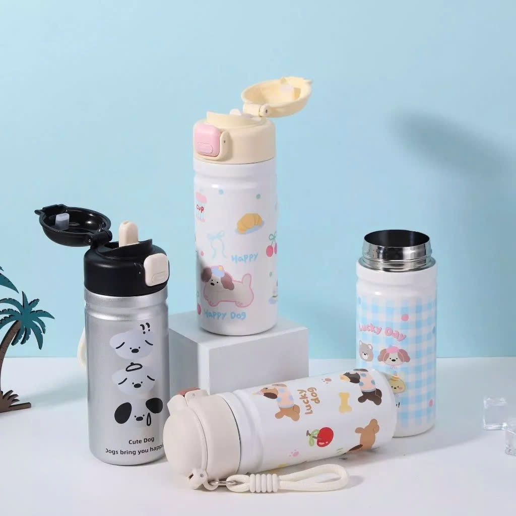 Bình Nước Giữ Nhiệt BIBY Hình Cún Cho Bé Mang Đi Học Có Nắp Bấm Tiện Lợi 450ml