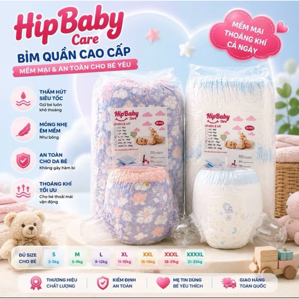 [Combo 150/200 miếng] Bỉm Quần Hipbaby Care Thấm Hút Tốt Đủ Size S-4XL, Bỉm Trẻ Em Hipbaby Care