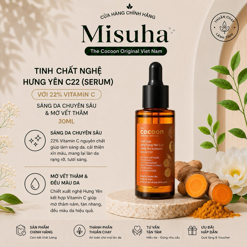 Tinh chất nghệ Hưng Yên C22 (serum) với 22% vitamin C sáng da chuyên sâu & mờ vết thâm Cocoon 30ml