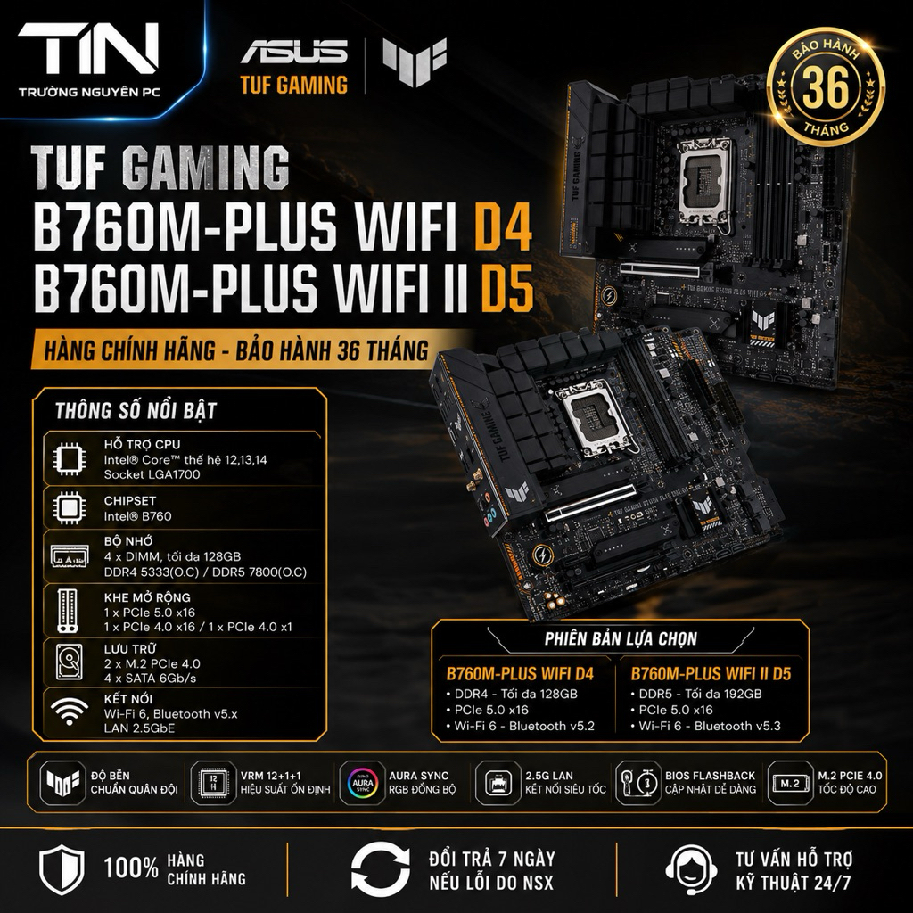 Mainboard Asus TUF Gaming B760M-Plus Wifi D4 | B760M-Plus Wifi II D5 - BH 36th hàng chính hãng