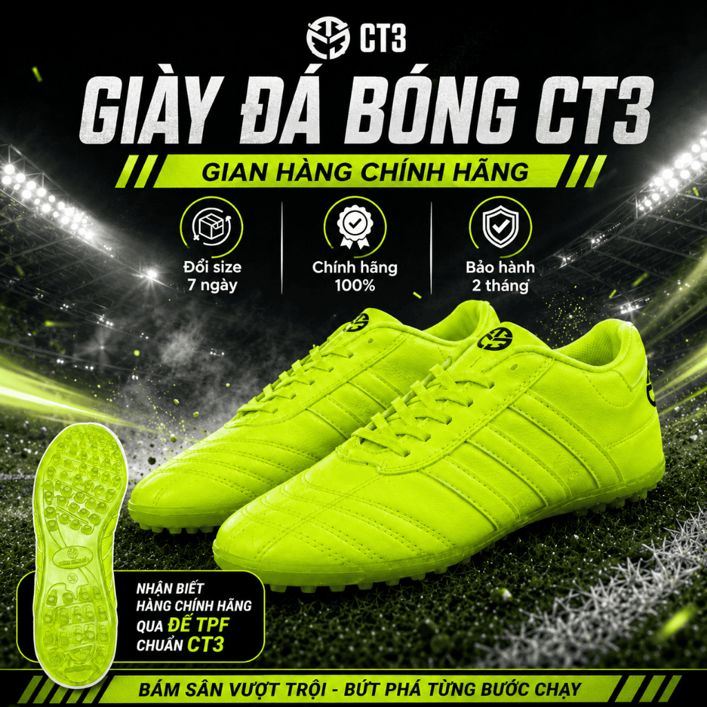 Giày đá bóng CT3 xanh nõn chuối chính hãng CT3, giày đá banh, chất liệu cao cấp, đế nhựa dẻo cao cấp