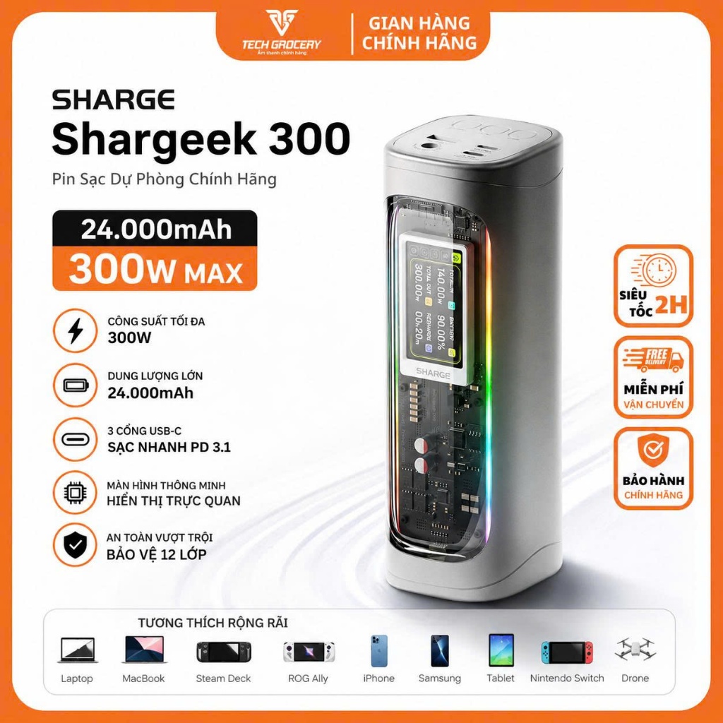 [Sharge 300] Pin Sạc Dự Phòng SHARGE Shargeek 300 Chính Hãng 24.000mAh 300W | Chuẩn 3C CE | Bảo Hành