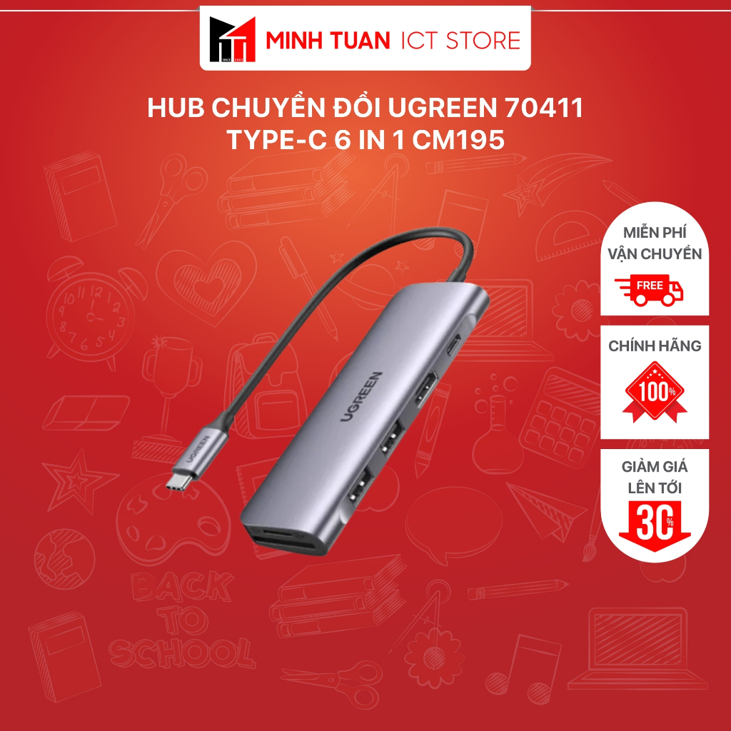 Hub Chuyển Đổi Ugreen 70411 Type-C 6 in 1 CM195
