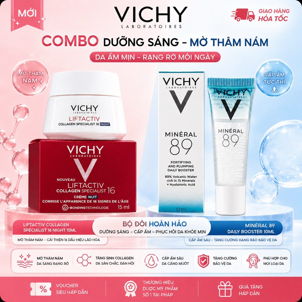 BỘ 02 SẢN PHẨM DƯỠNG DA THÂM, NÁM LIFTACTIV  COLLAGEN VICHY VÀ MINERAL 89 VICHY