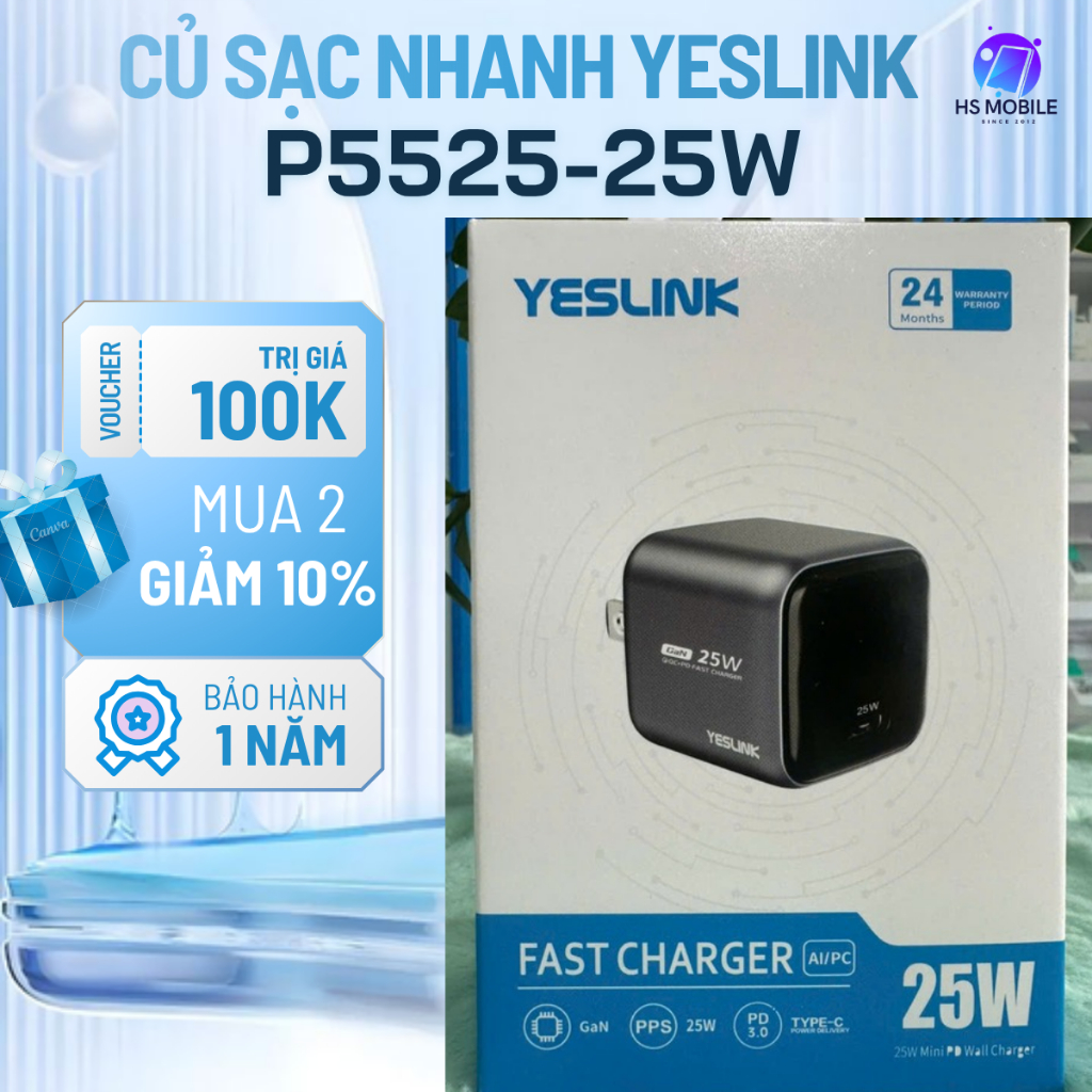 Củ sạc nhanh YESLINK 25W UFB-C công nghệ GaN, sạc PD cho iphone xs 11 12 13 14 15 16 và samsung