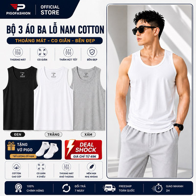 Bộ 3 áo ba lỗ nam cotton thoát nhiệt co giãn mặc nhà thể thao pigofashion ABL01 nhiều màu