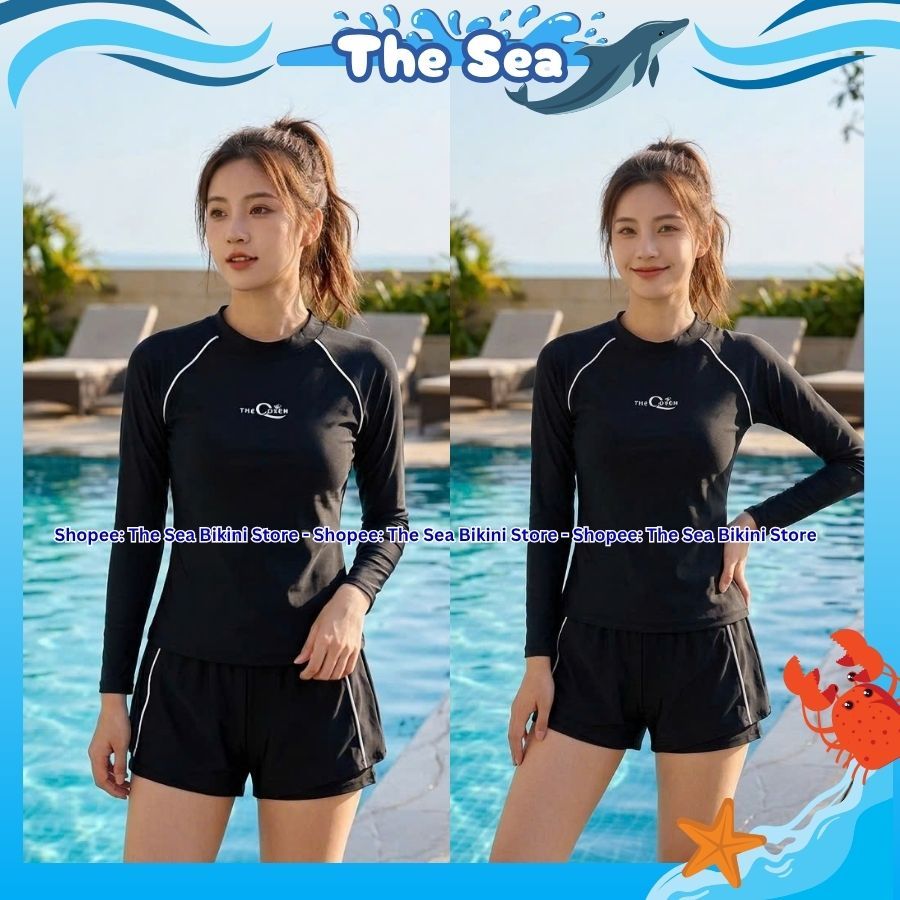 Đồ bơi nữ Hàn Quốc bikini kín đáo áo tay dài đen phối xám có khóa kéo quần đùi ngắn 2 lớp The Sea 051 | BigBuy360 - bigbuy360.vn