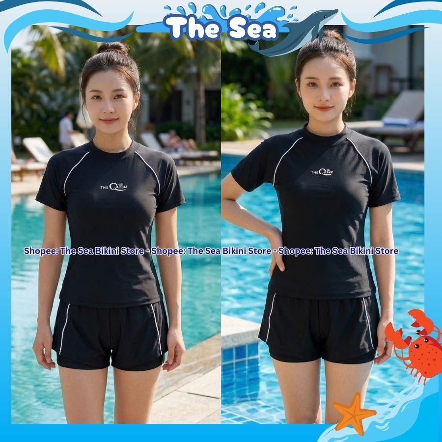 Đồ bơi nữ Hàn Quốc bikini kín đáo áo tay dài đen phối xám có khóa kéo quần đùi ngắn 2 lớp The Sea 051 | BigBuy360 - bigbuy360.vn