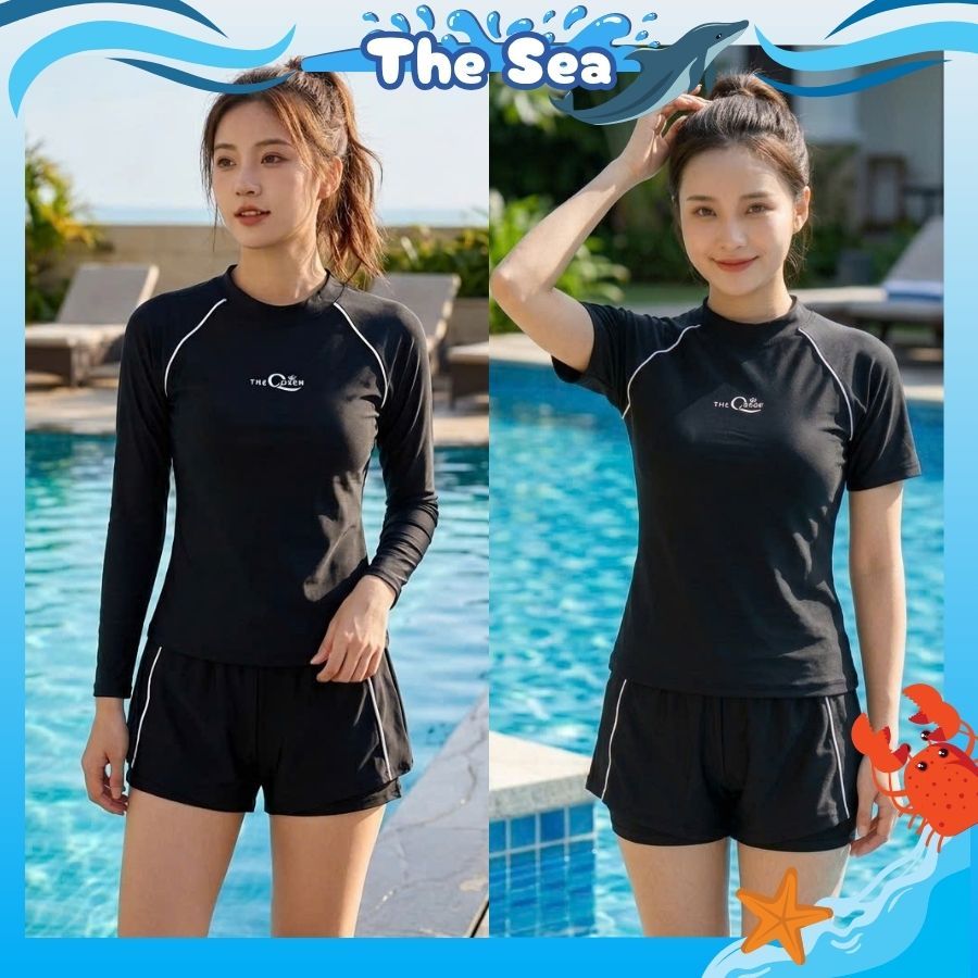 Đồ bơi nữ Hàn Quốc bikini kín đáo áo tay dài đen phối xám có khóa kéo quần đùi ngắn 2 lớp The Sea 051 | BigBuy360 - bigbuy360.vn