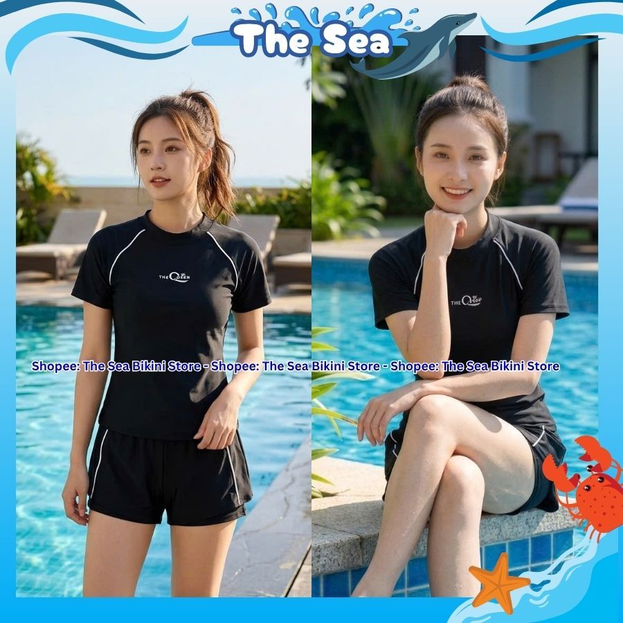 Đồ bơi nữ Hàn Quốc bikini kín đáo áo tay dài đen phối xám có khóa kéo quần đùi ngắn 2 lớp The Sea 051 | BigBuy360 - bigbuy360.vn