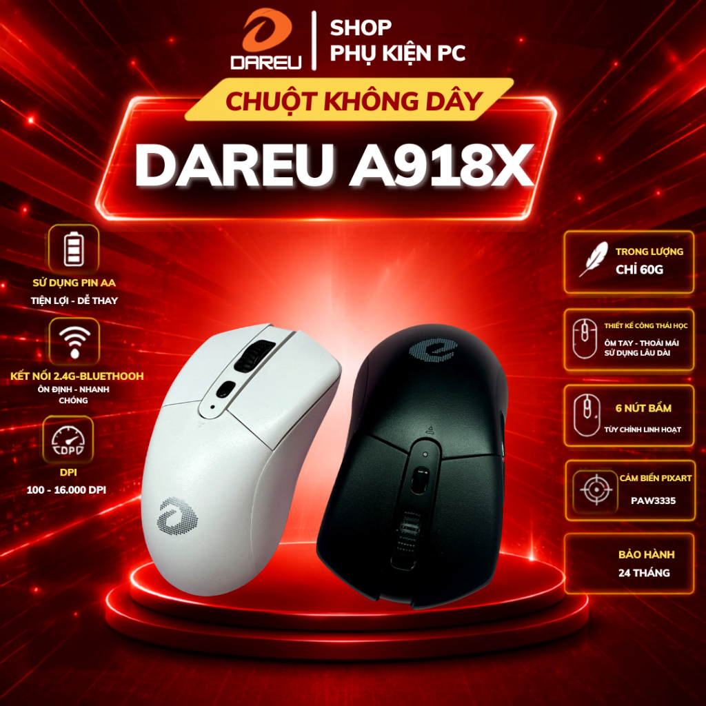 Chuột Không Dây Dareu A918X Gaming PAW3335 Bluetooth + Wireless 2.4GHz 16000 DPI Pin AA Chính Hãng