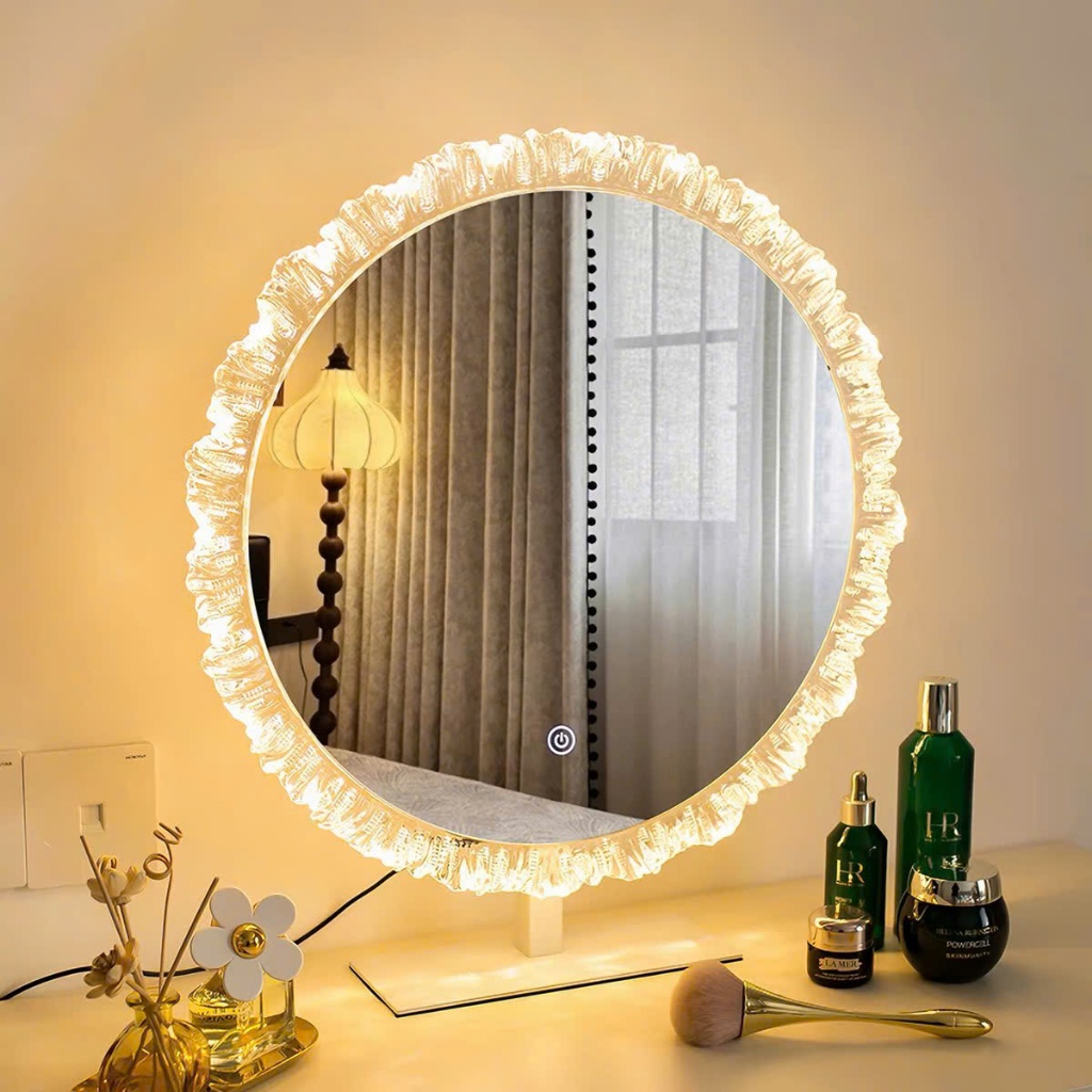 Gương Soi Để Bàn Trang Điểm Viền Hoa Có Đèn LED 3 Màu, Gương Decor Cao Cấp Hàng Nhập Khẩu, Kính HD S