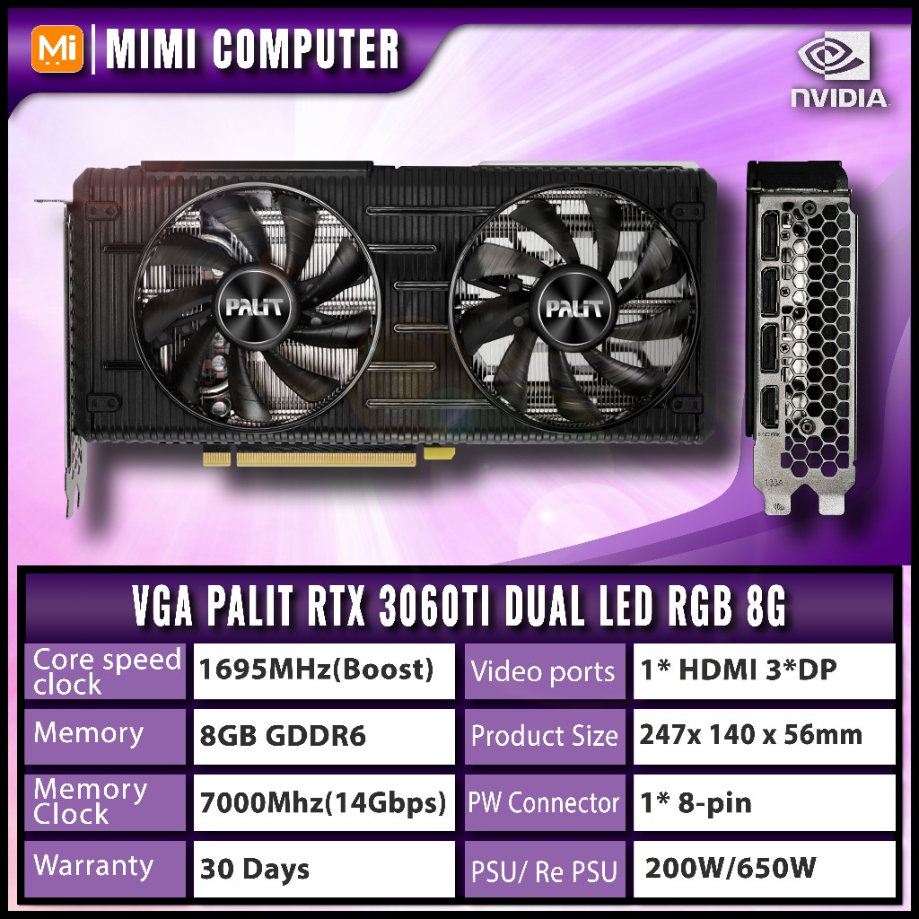 Card màn hình VGA Palit  RTX 3060ti Dual 8gb LED RGB (2nd)