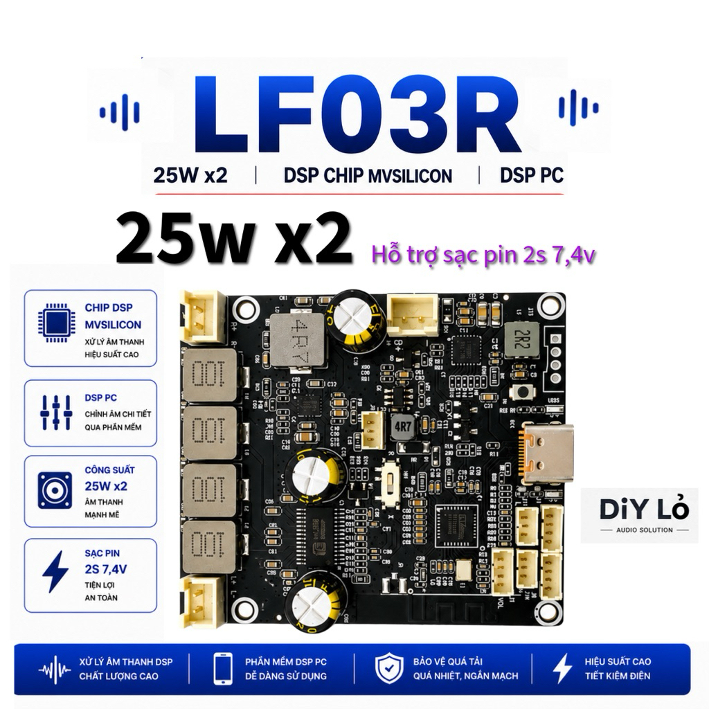Mạch LF03R Bluetooth DSP 25W ×2 – DSP PC – Chip MVSILICON – Sạc Pin 7.4V