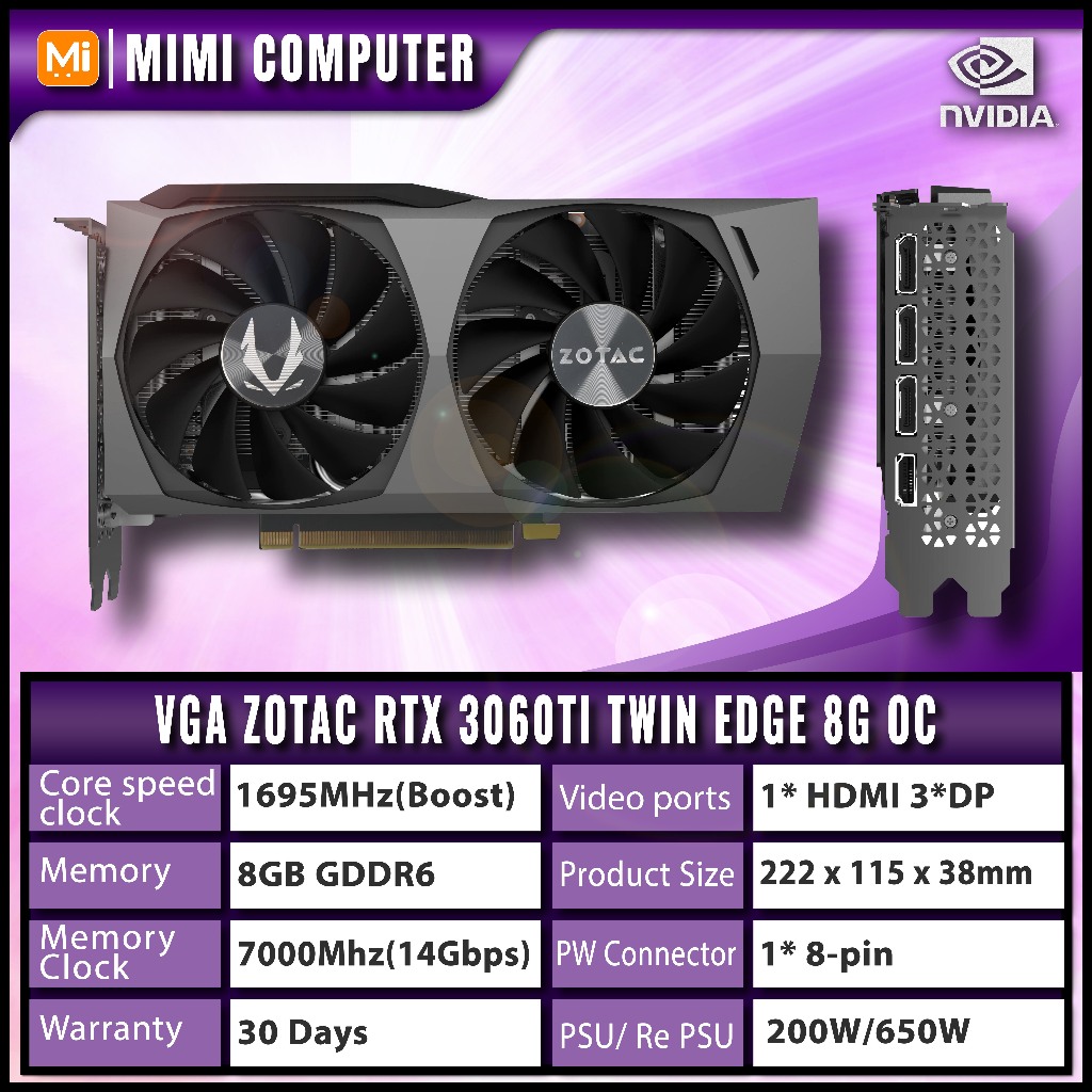 VGA Card màn hình ZOTAC GAMING RTX 3060 Ti Twin Edge 8G 2nd nobox