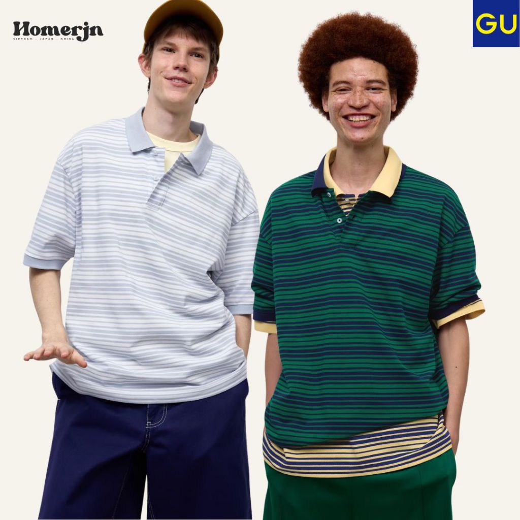 [GU JAPAN] Áo Polo Oversize Tay Lỡ Kẻ Sọc Nam Nữ Unisex – Chất Vải Kanoko Khô Thoáng