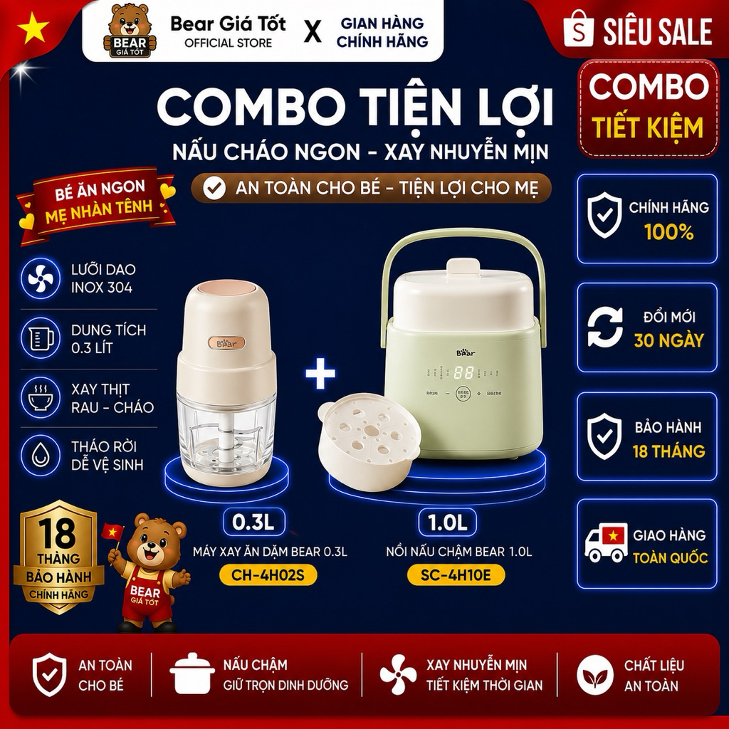 Combo Nồi Nấu Chậm Bear 1.0L SC-4H10E & Máy Xay Ăn Dặm Bear 0.3L CH-4H02S Chính Hãng BH 18 Tháng