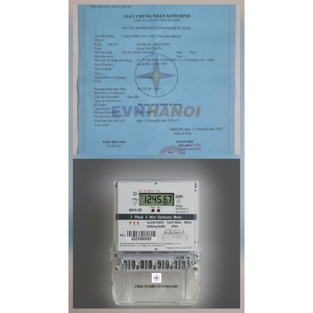 Công tơ điện 3 pha điện lực EVN dòng 100A BKA-3E (kiểm định EVN Chính hãng)