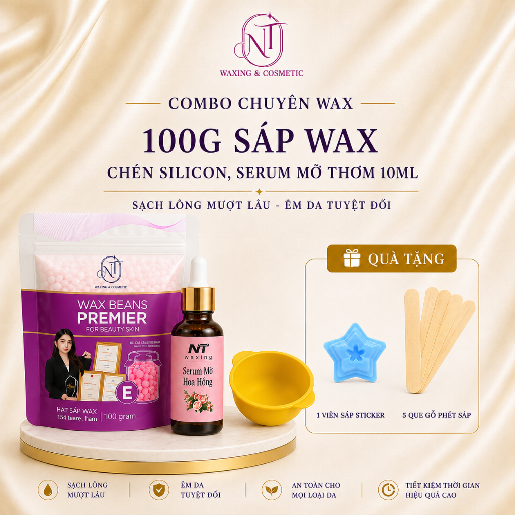 Combo Sáp Wax Lông Premier nhập khẩu, 50ml Mỡ Trăn, Bát Chén nấu sáp NT WAXING