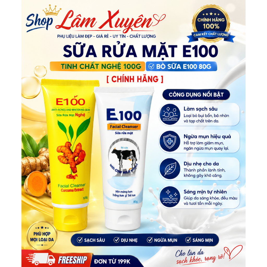 Sữa Rửa Mặt E100 Tinh Chất Nghệ 100G, Bò Sữa E100 80g[CHÍNH HÃNG] giúp làm sạch sâu ngừa mụn dịu nhẹ