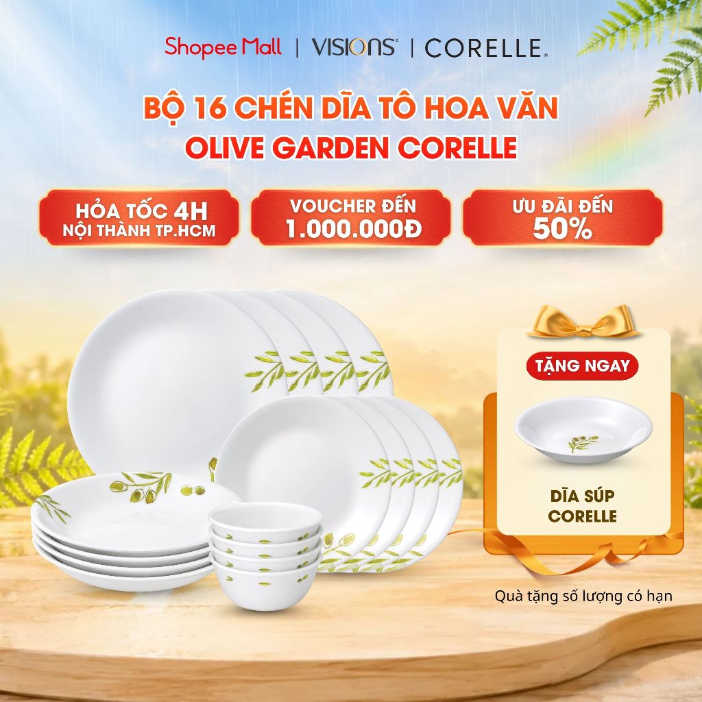 [Tặng 1 tô] SET 16 cái 4 người – Tô chén dĩa thủy tinh CORELLE OLIVE GARDEN (OG) - 16-OG