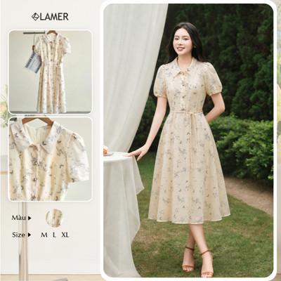 Đầm xòe LAMER dáng dài, váy đầm công sở cổ bẻ tay bồng dây buộc eo-Mchic O63L26H023