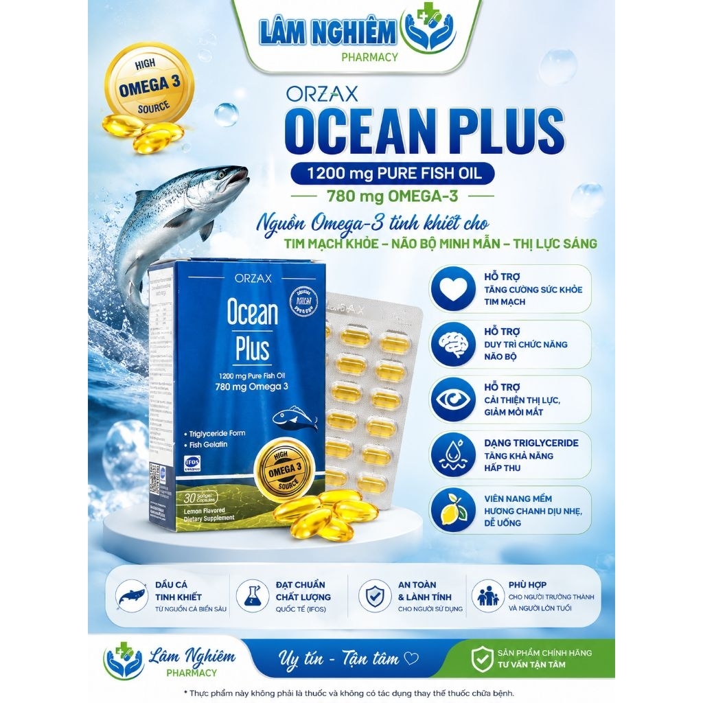 ORZAX Ocean Plus 1200mg Dầu Cá Tinh Khiết 780mg Omega-3 Hỗ Trợ Tim Mạch Não Bộ Thị Lực Hộp 30 Viên C