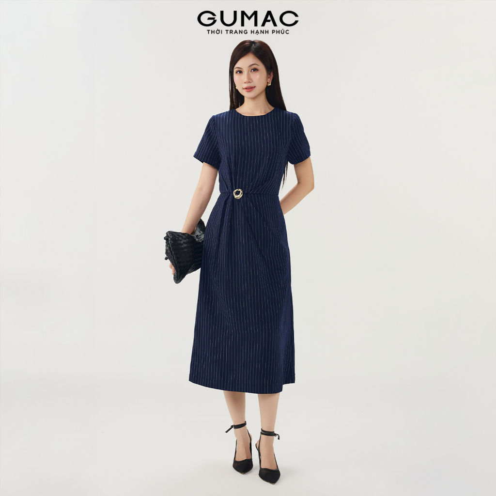 Đầm Nữ Dáng Suông GUMAC Cổ Tròn Draping Đính Phụ Kiện Chất Sọc Gân Thái 1 Lớp Có Túi Thanh Lịch DG07