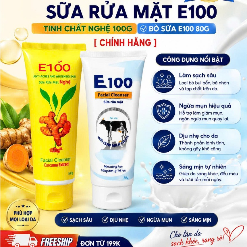 Sữa Rửa Mặt E100 Tinh Chất Nghệ 100G, Bò Sữa E100 80G [CHÍNH HÃNG] sạch sâu ngừa mụn dịu nhẹ
