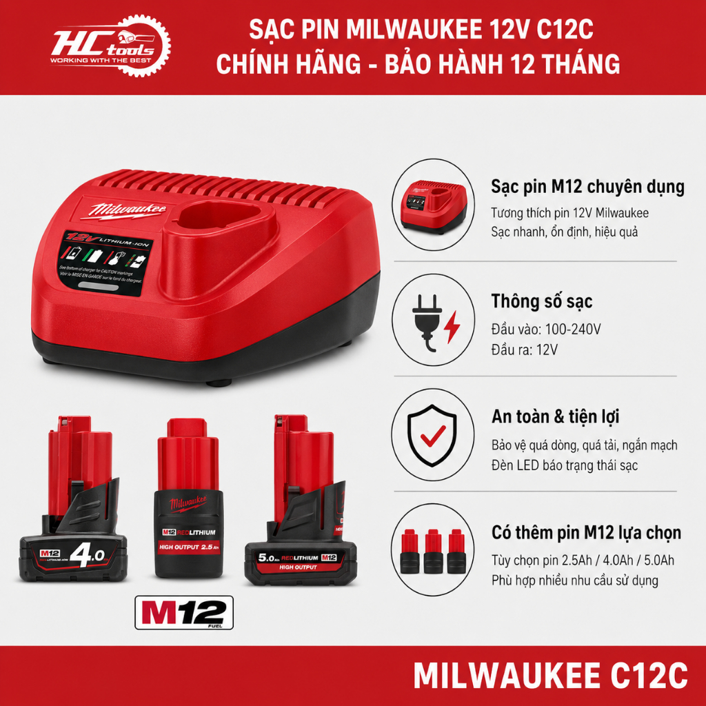 Pin và Sạc Milwaukee M12 Chính Hãng Bảo Hành 12 Tháng - HCTools VN