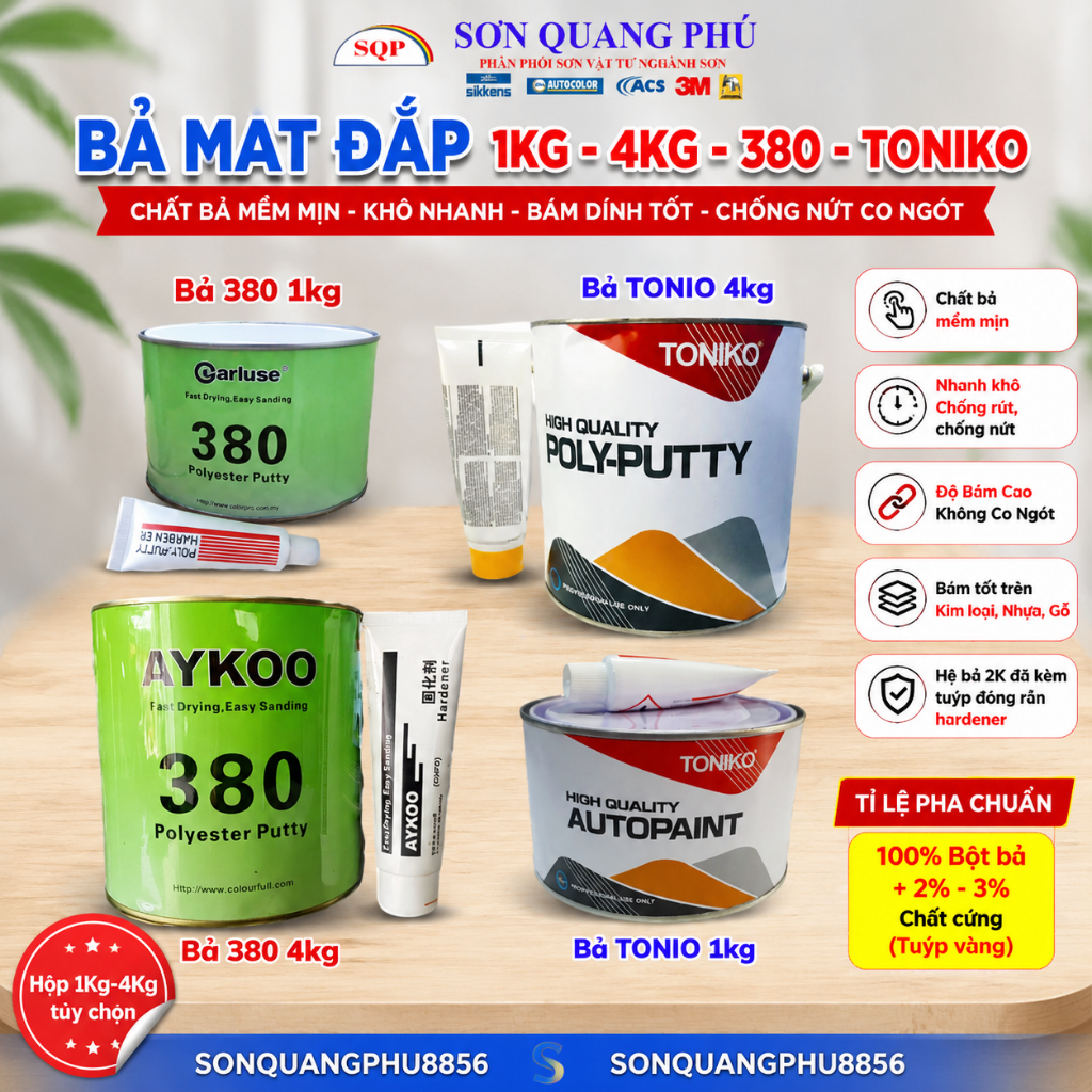 Matit Bả Aykoo 380 trét đắp 1kg 4kg, Bột bả nền mọi chất liệu, dùng cho kim loại và nhựa SONQUANGPHU