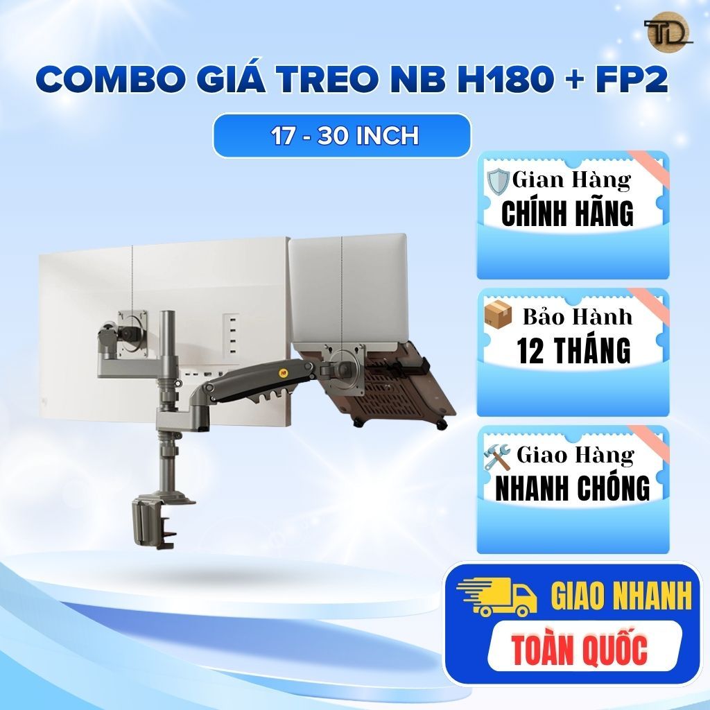 North Bayou Combo Giá Treo Màn Hình H180 & Khay Đỡ Laptop FP2 Hợp Kim Nhôm Màu Đen Gas Spring