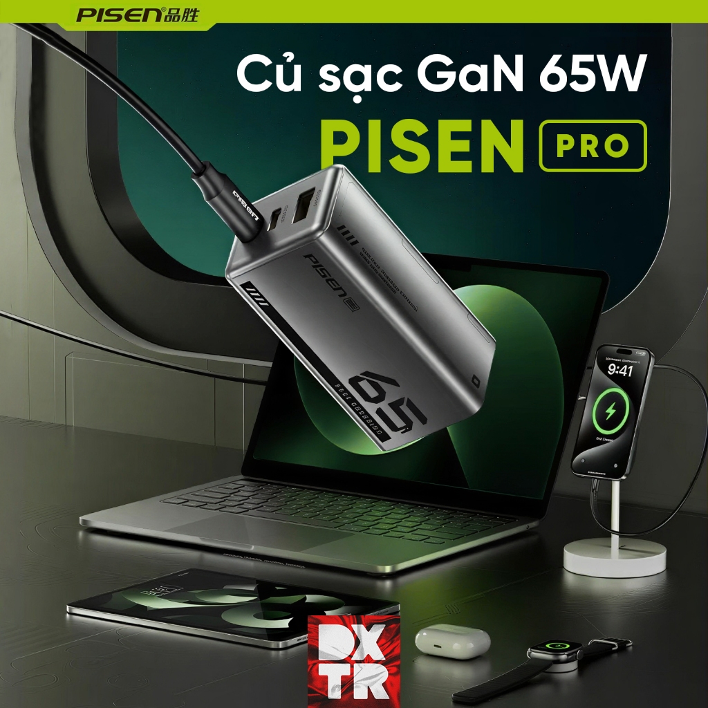 Bộ Sạc Nhanh PD 65W PISEN PRO GaN - 3 Cổng Sạc 2C1A