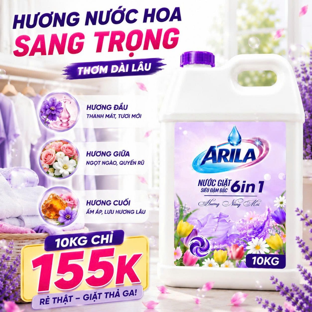 Nước Giặt Xả Arila 10KG Ailla Việt Nam – Sạch Sâu, Lưu Hương Nước Hoa, Tiết Kiệm Cho Cả Gia Đình