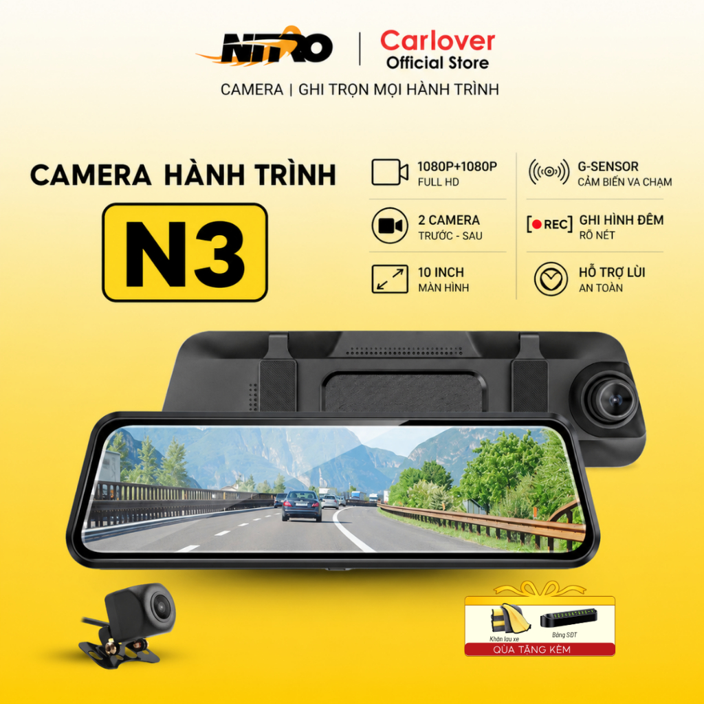 Camera hành trình gương N3 CARLOVER 2K màn gương cảm ứng ghi hình đồng thời trước sau quay đêm nét