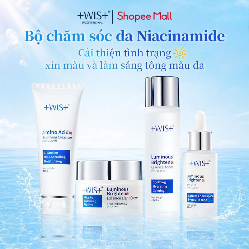 Bộ chăm sóc da + WIS + Niacinamide Cải thiện xỉn màu Làm sáng da Bộ 4 món (30ml+100g+120ml+50g), Hộp