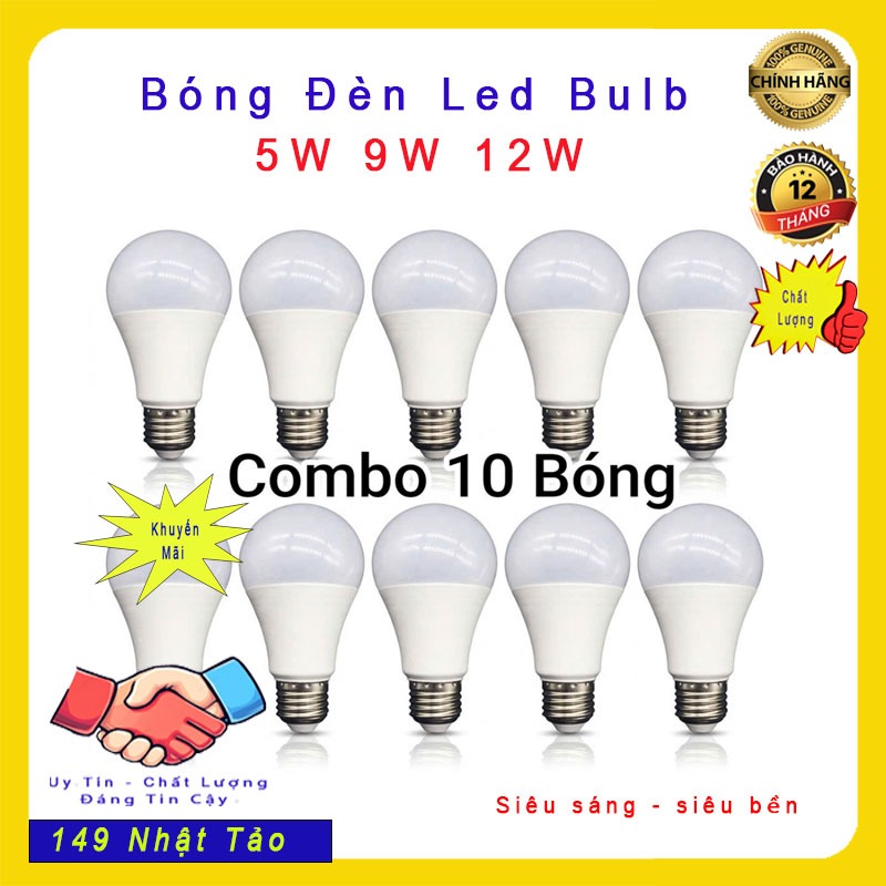 Combo 10 Bóng Đèn LED Bulb 220V E27  5W  9W 12W Siêu Sáng – Đèn LED Tròn Đui E27