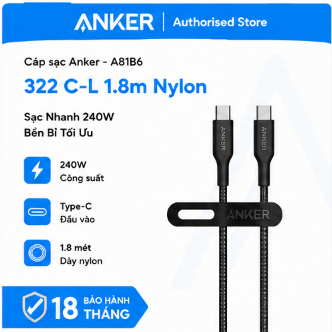 Cáp sạc Anker 322 C-L 1.8m Nylon B2B - A81B6 - Hàng chính hãng - Bảo hành 18 tháng