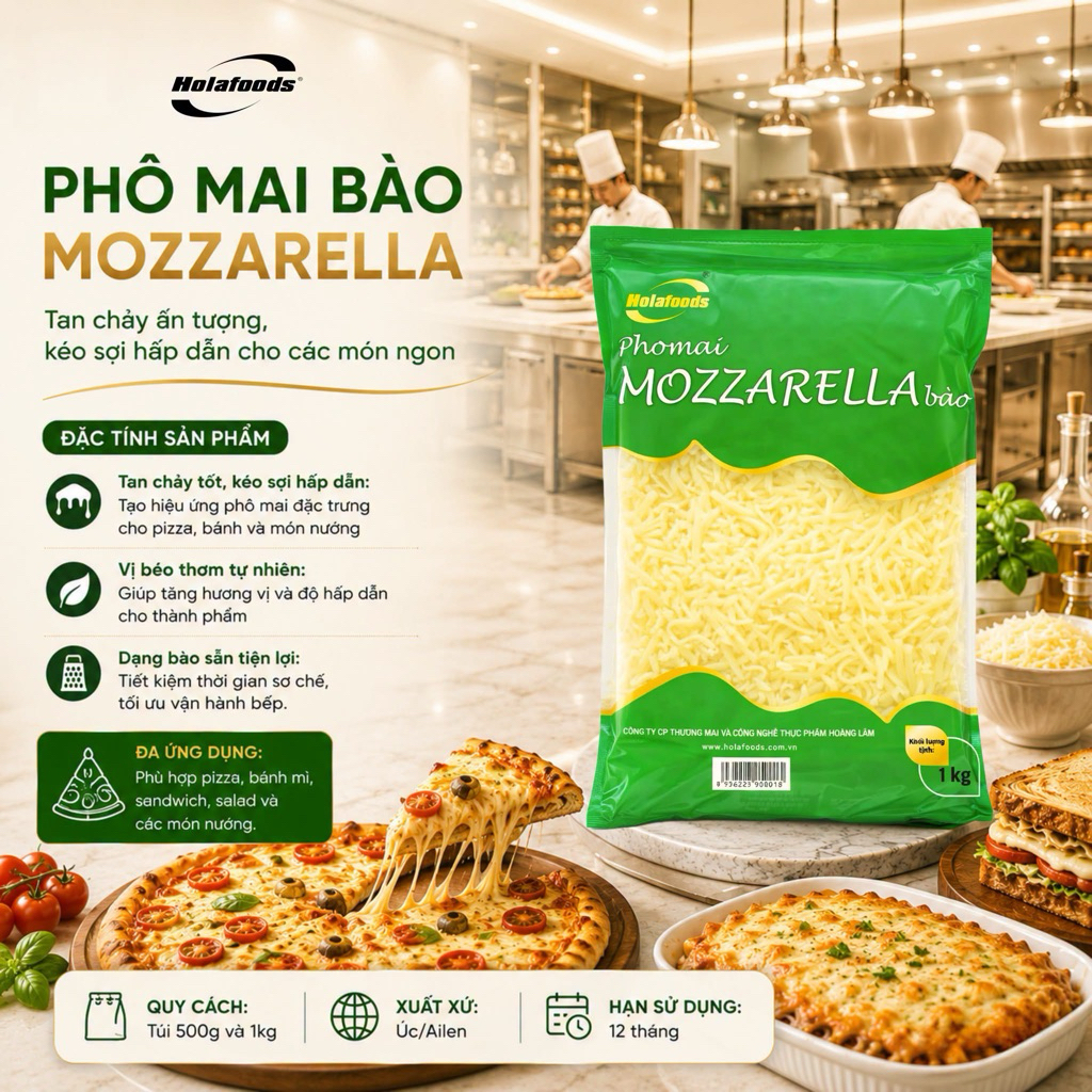 Phô mai BÀO sợi mozzarella Holafoods